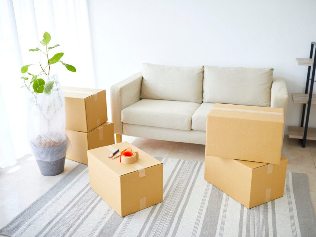 引っ越し前にリビングで段ボールを並べた様子