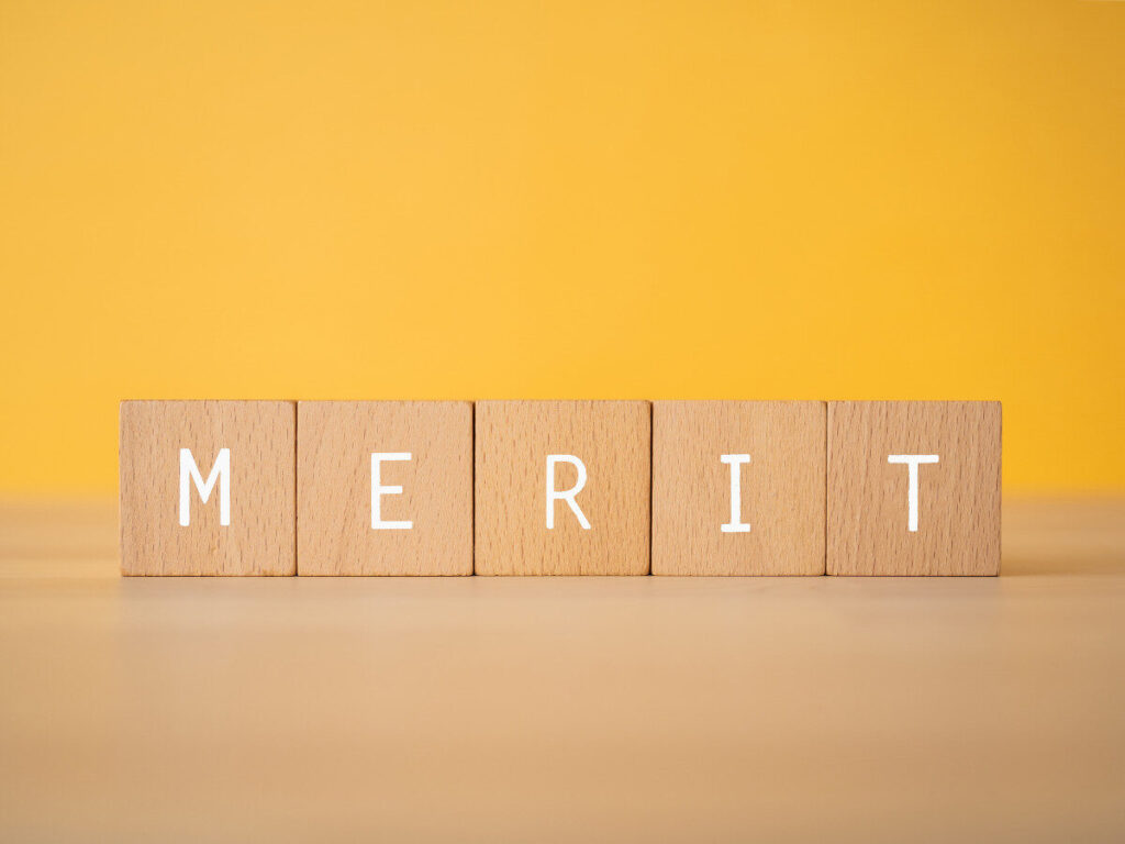 木製ブロックに並んだ「MERIT」の文字