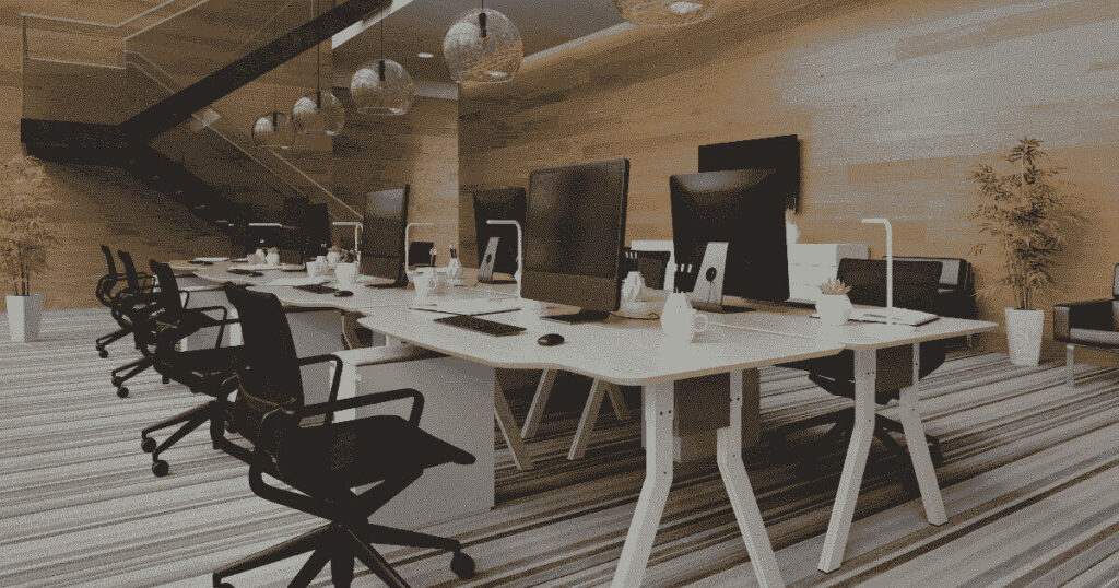 モダンな内装のデザインオフィスとフリーアドレスデスク